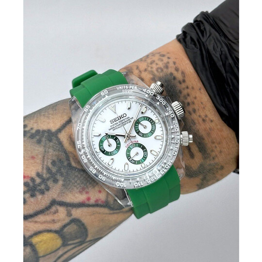 Custom Seiko Mod • White Green Clear Plastic Daytona (Quartz Chronograph) • 39.5mm